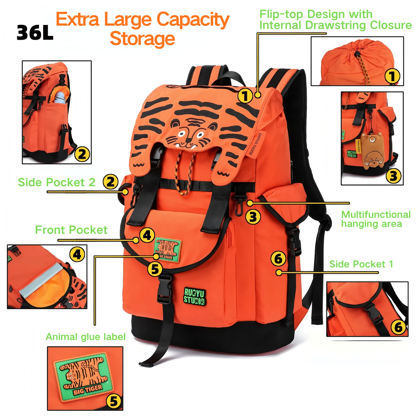 Ruoyu Studio 36L Large-Capacity Outdoor Commuter Hiking Fitness Travel Laptop Backpack